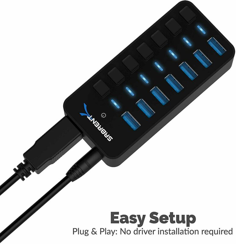 Sabrent 36W 7-Port USB 3.0 Hub with Individual Power Switches + 22AWG 10... - Fresh Stock Dated February 2026