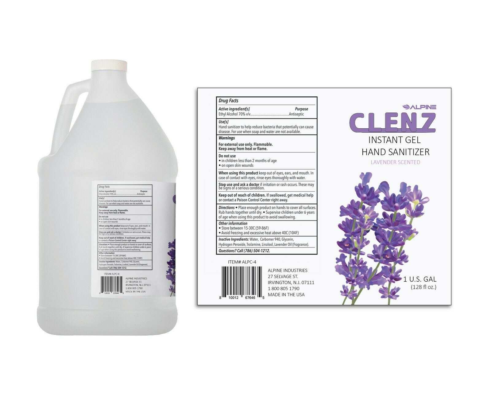 Alpine Industries Clenz 1 Gallon Lavender Gel Hand Sanitizer, 4-Pack - Fresh Stock Dated February 2026