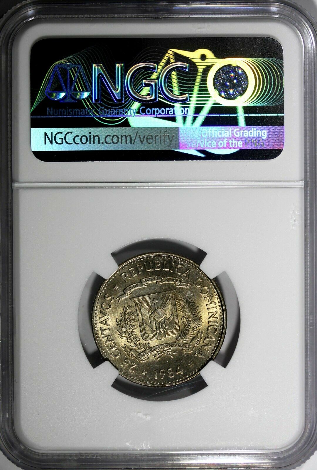 DOMINICAN REPUBLIC 1984 25 Centavos NGC MS65 Mirabal Sisters Toned KM# 61.1 (52) - Fresh Stock Dated February 2026