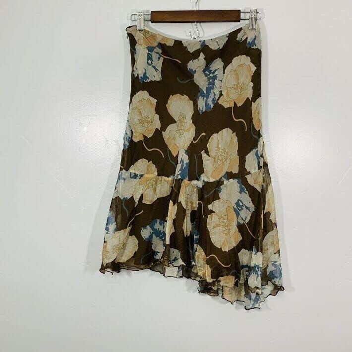 Vintage Y2K Brown Blue Silk Floral Print Flowy Summer Midi Skirt - Fresh Stock Dated February 2026