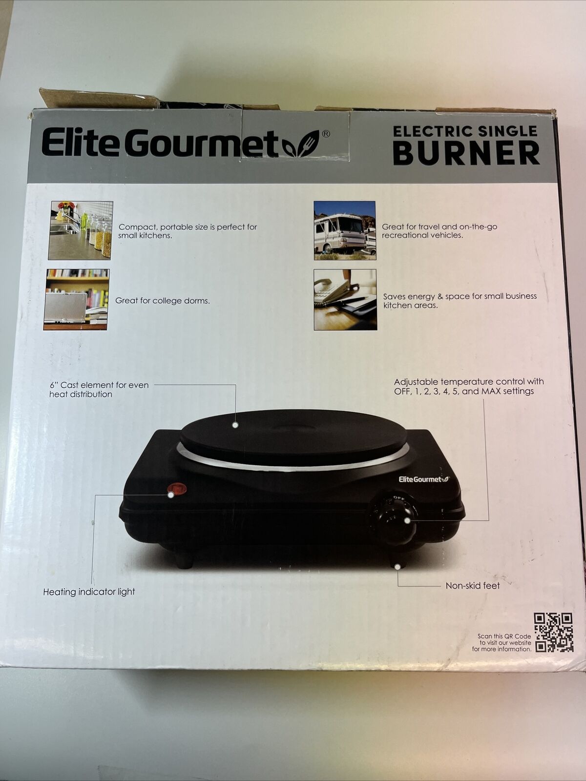 Elite Gourmet ESB-301BF# Countertop Single Cast Iron Burner, 1000 Watts - Fresh Stock Dated February 2026
