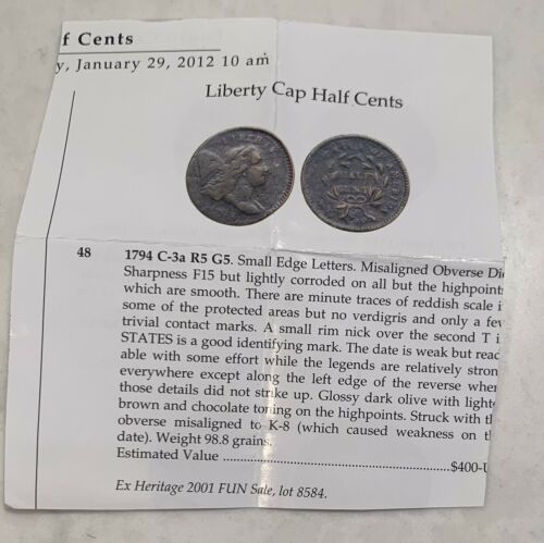 1794 Liberty Cap Half Cent C3a Small Edge Letters R5 G5 - F+ Details Lt Corosion - Fresh Stock Dated February 2026
