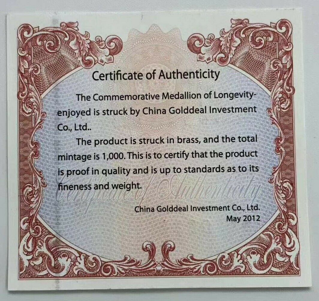 2012 China 80mm Brass Medal - the God of Longevity - Fresh Stock Dated February 2026