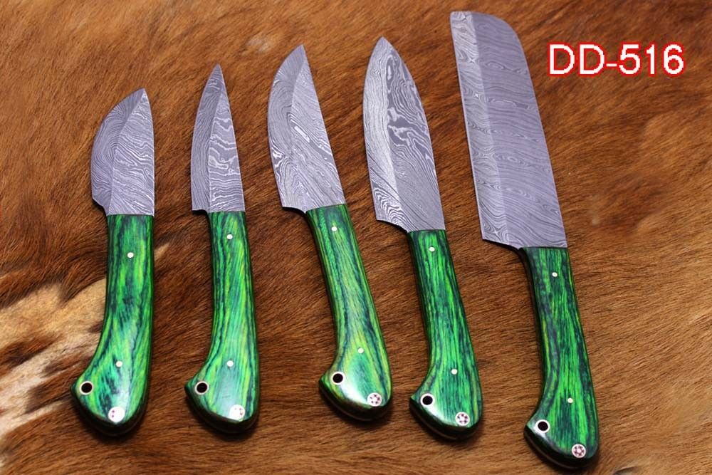 5 piece Green wood Kitchen knife set, hand forged Damascus steel, Leather sheath - Fresh Stock Dated January 2026