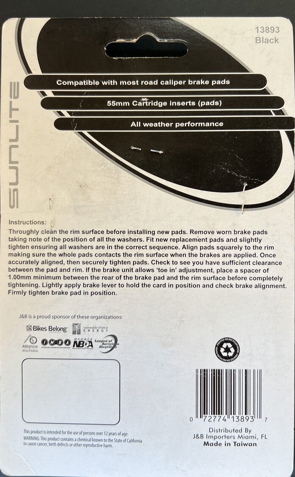 Sunlite Road Brake Pad Inserts Shimano Type 55mm 13893 - Fresh Stock Dated February 2026