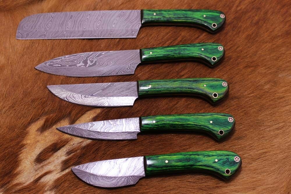 5 piece Green wood Kitchen knife set, hand forged Damascus steel, Leather sheath - Fresh Stock Dated January 2026