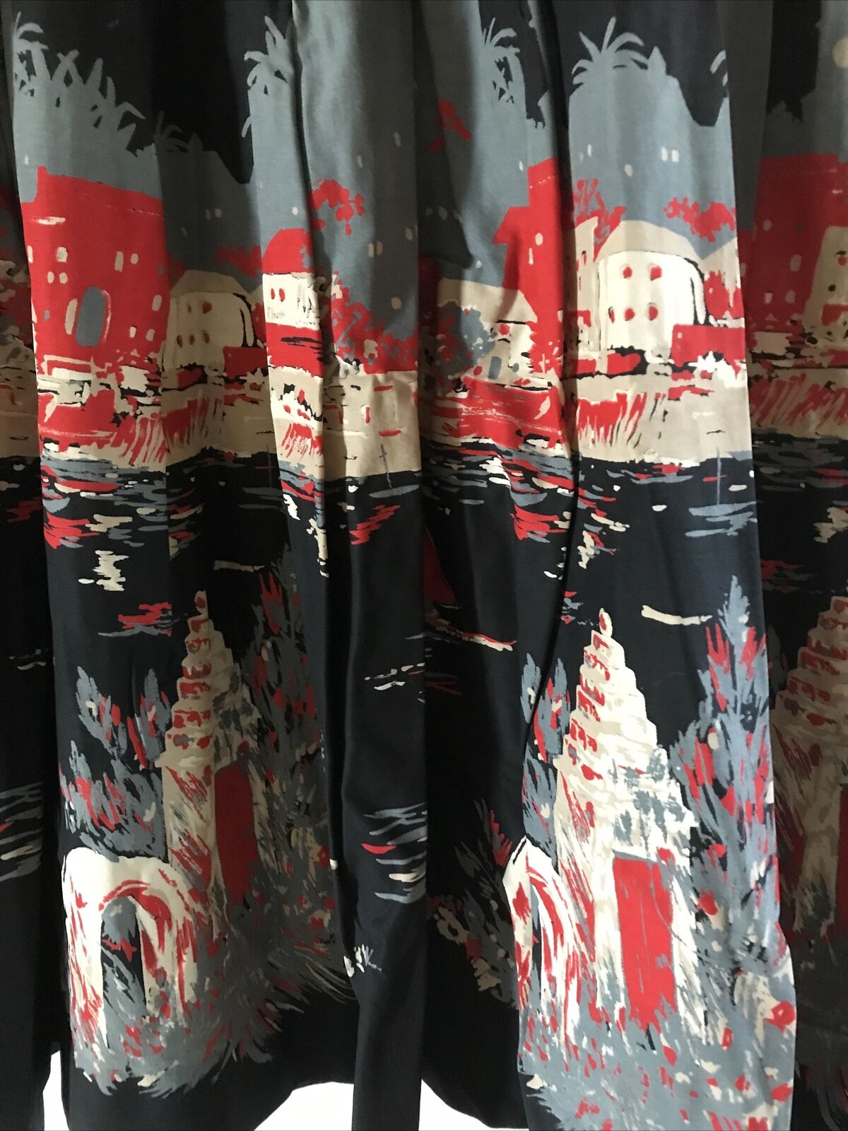 1950s Novelty Print Full Skirt City Scape Sailboats Red Grey Black - Fresh Stock Dated March 2026