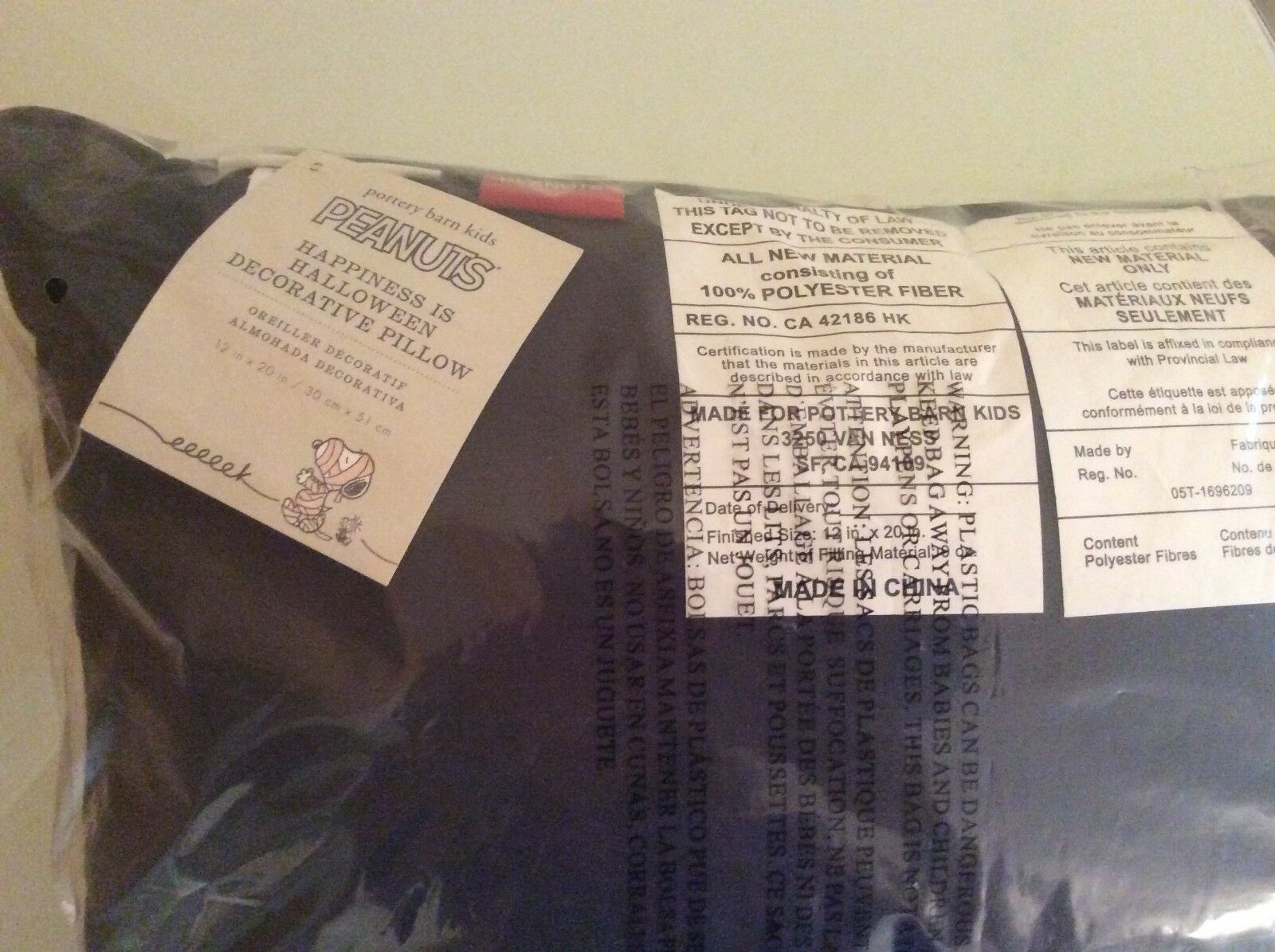 Pottery Barn Pillow Snoopy Woodstock Peanuts pumpkin halloween Happiness 12x20 - Fresh Stock Dated December 2025