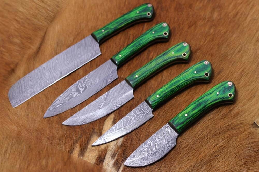 5 piece Green wood Kitchen knife set, hand forged Damascus steel, Leather sheath - Fresh Stock Dated January 2026