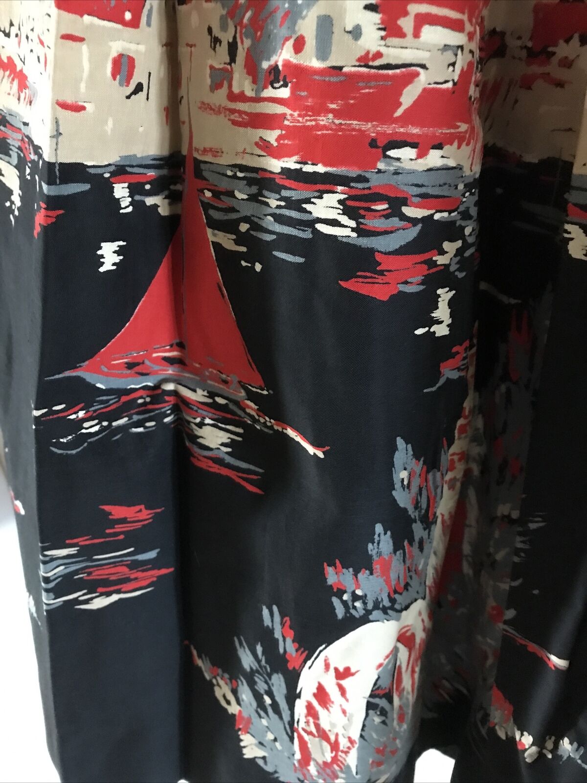 1950s Novelty Print Full Skirt City Scape Sailboats Red Grey Black - Fresh Stock Dated March 2026
