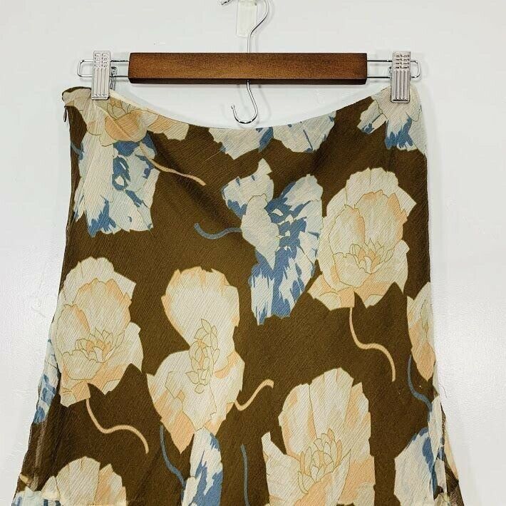 Vintage Y2K Brown Blue Silk Floral Print Flowy Summer Midi Skirt - Fresh Stock Dated February 2026