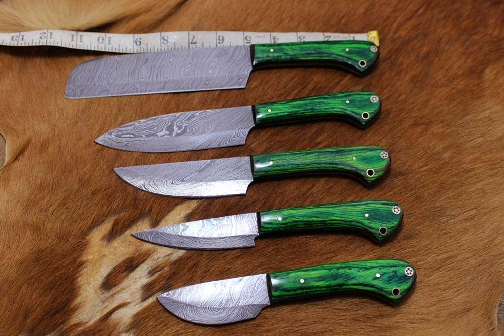 5 piece Green wood Kitchen knife set, hand forged Damascus steel, Leather sheath - Fresh Stock Dated January 2026