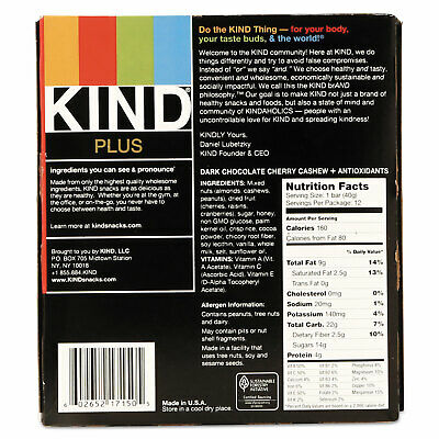 KIND Plus Nutrition Boost Bar Dk ChocolateCherryCashew/Antioxidants 1.4 oz 12 - Fresh Stock Dated December 2025