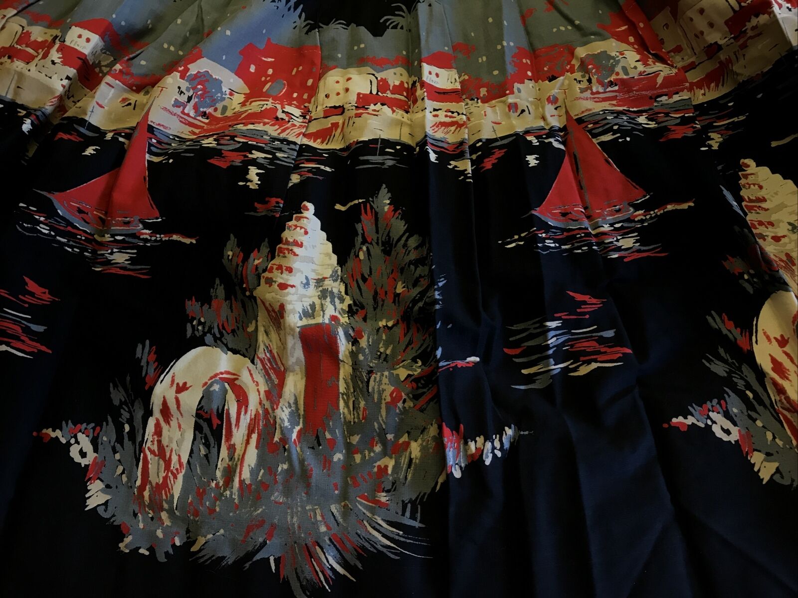 1950s Novelty Print Full Skirt City Scape Sailboats Red Grey Black - Fresh Stock Dated March 2026