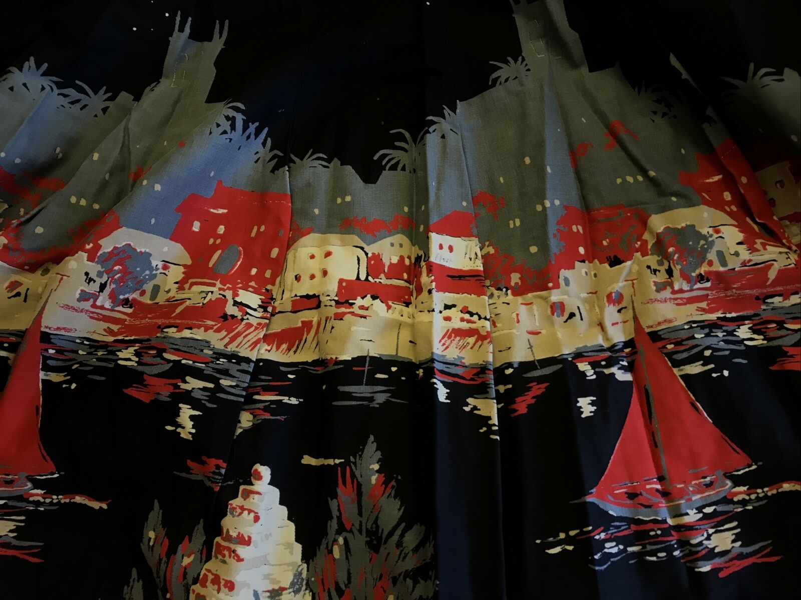1950s Novelty Print Full Skirt City Scape Sailboats Red Grey Black - Fresh Stock Dated March 2026
