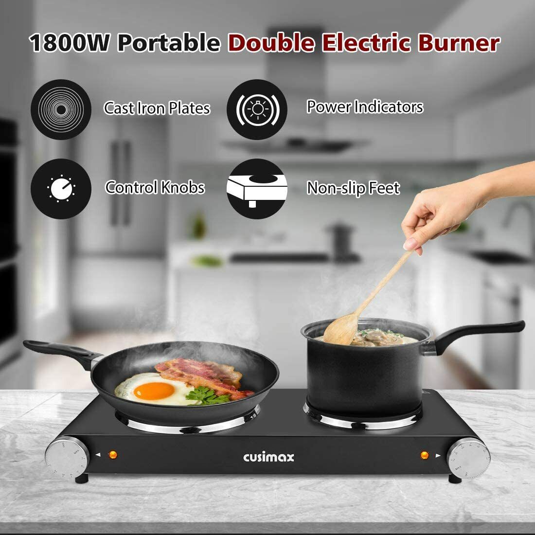 Portable 1800W Double Hot Plates Cast Iron Hot Plates Electric Cooktop for Cook - Fresh Stock Dated February 2026