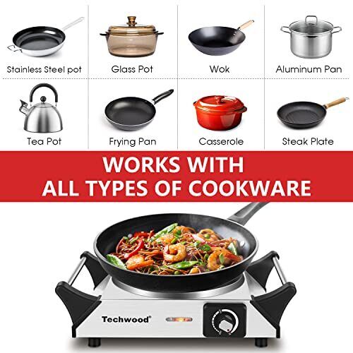 Hot Plate Techwood Single Burner for Cooking 1500W Countertop Stove with Adju... - Fresh Stock Dated February 2026