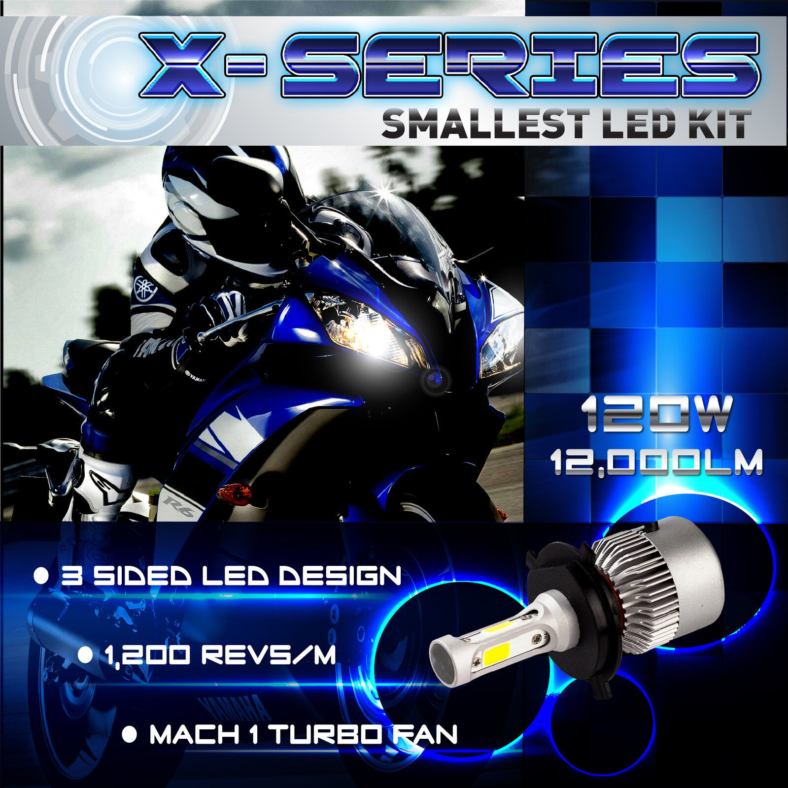 120W 12000LM CREE COB LED Motorcycle Headlight Hi Lo Kit 6000K White H4 9003 (C) - Fresh Stock Dated February 2026