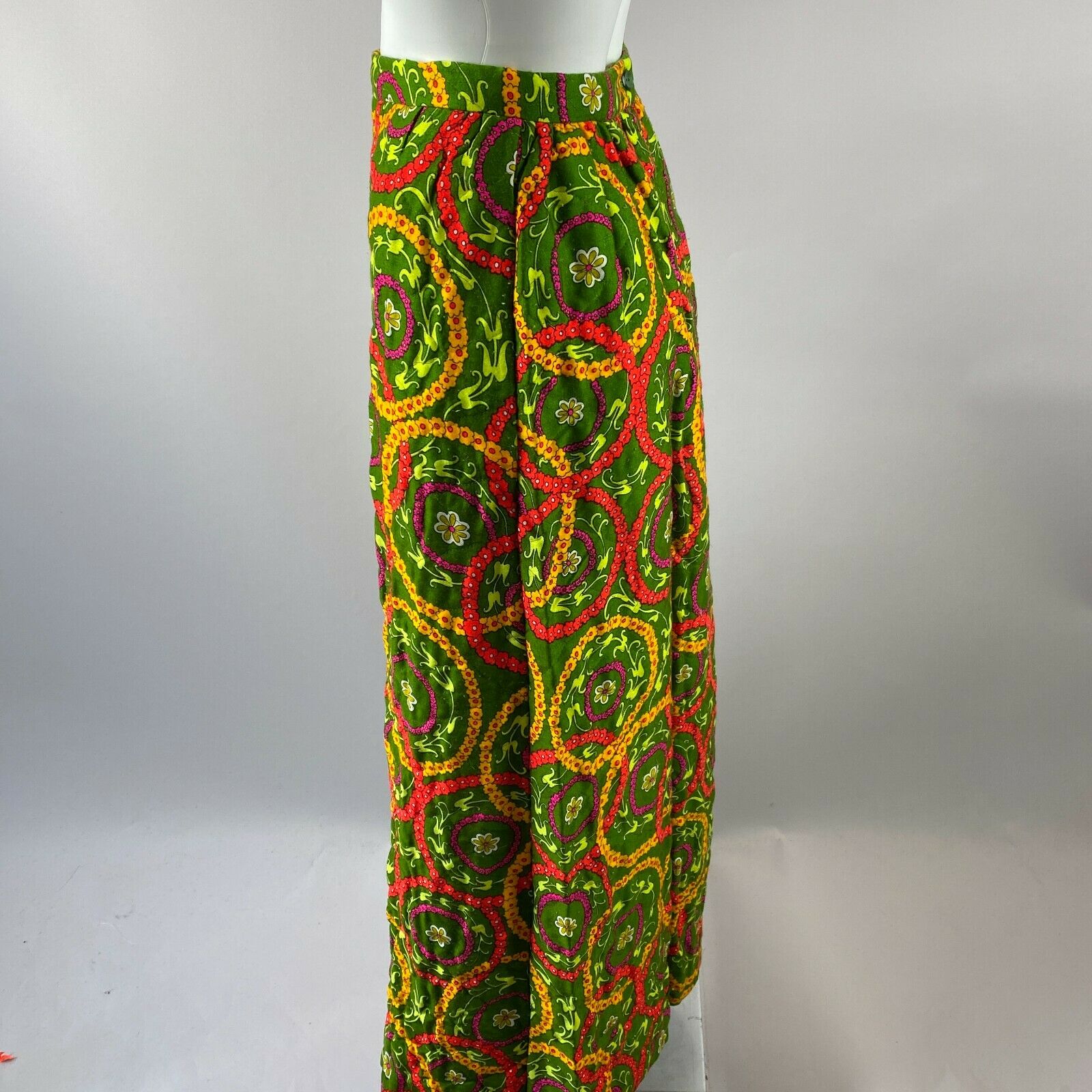Vtg 70s Mr. B Green Colorful Vibrant Neon Floral Quilted Long Back Zip Skirt - Fresh Stock Dated February 2026