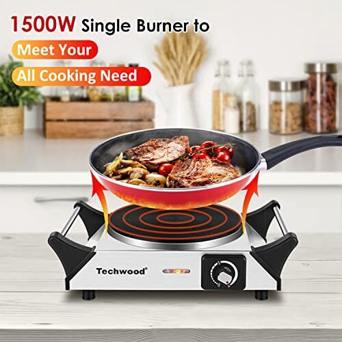 Hot Plate Techwood Single Burner for Cooking 1500W Countertop Stove with Adju... - Fresh Stock Dated February 2026