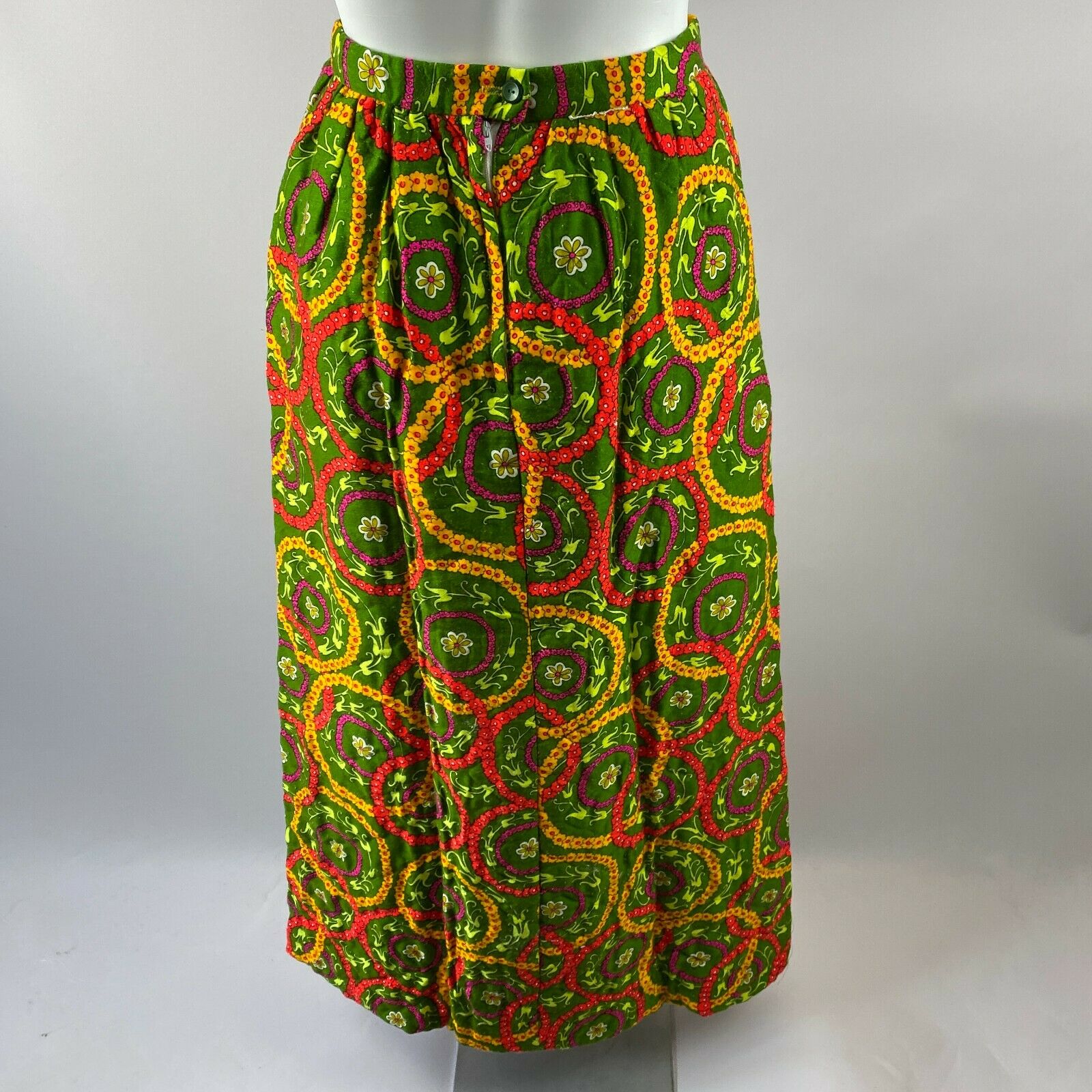 Vtg 70s Mr. B Green Colorful Vibrant Neon Floral Quilted Long Back Zip Skirt - Fresh Stock Dated February 2026