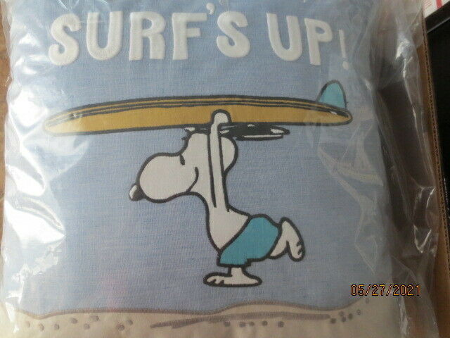 POTTERY BARN SNOOPY SURFS UP PILLOW NIP  BRING ON SUMMER W/SURFER SNOOPY last 1 - Fresh Stock Dated December 2025