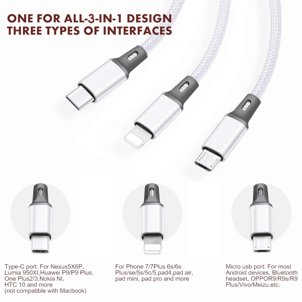 Multi USB Charging Cable 3A, 3 in 1 Fast Charger Cord Connector Sliver+Black - Fresh Stock Dated February 2026