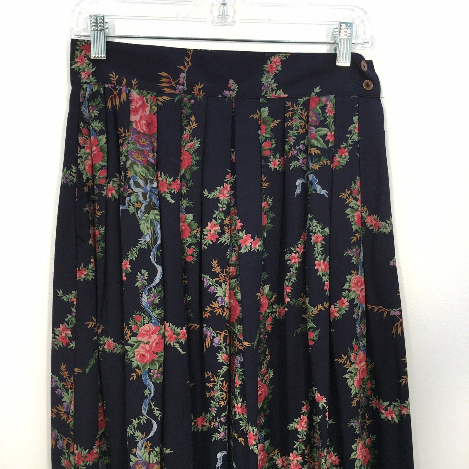 VTG 80s Herman Geist Dark Blue Floral Print Midi Pleated Skirt Womens Size 8 - Fresh Stock Dated February 2026