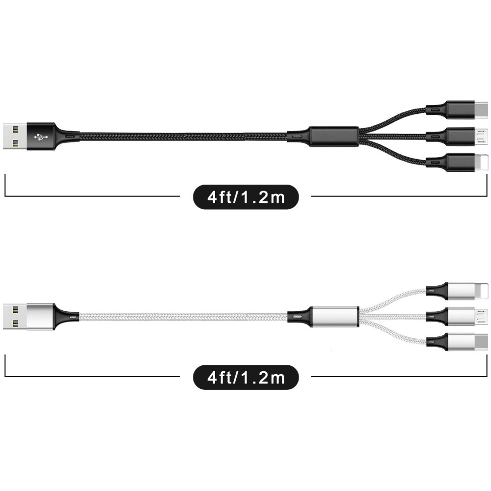 Multi USB Charging Cable 3A, 3 in 1 Fast Charger Cord Connector Sliver+Black - Fresh Stock Dated February 2026