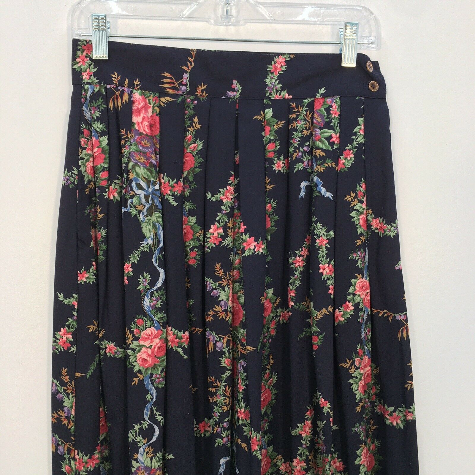 VTG 80s Herman Geist Dark Blue Floral Print Midi Pleated Skirt Womens Size 8 - Fresh Stock Dated February 2026