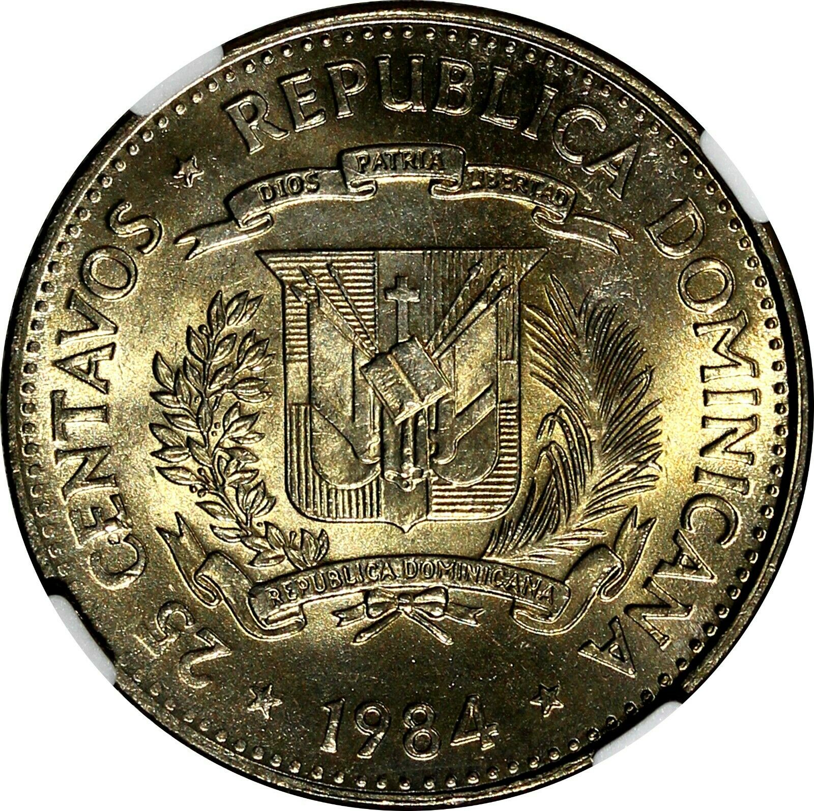 DOMINICAN REPUBLIC 1984 25 Centavos NGC MS65 Mirabal Sisters Toned KM# 61.1 (52) - Fresh Stock Dated February 2026