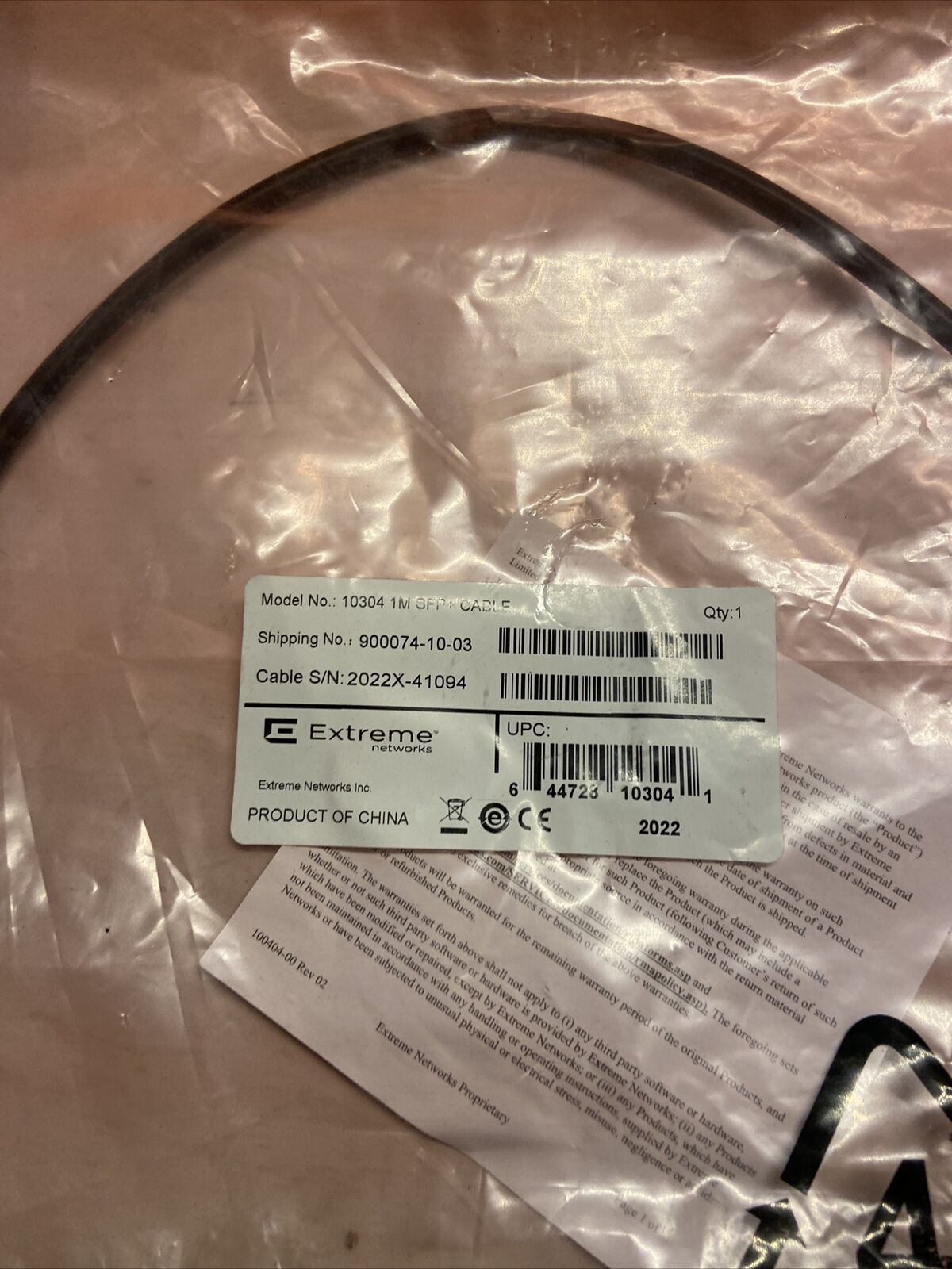 Extreme Networks 10304 10 Gigabit Ethernet SFP Plus Passive Cable - Fresh Stock Dated February 2026