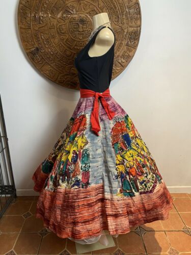 TEL-ART Vintage Mexican Full Circle Skirt Hand Painted With Sequins Small - Fresh Stock Dated February 2026