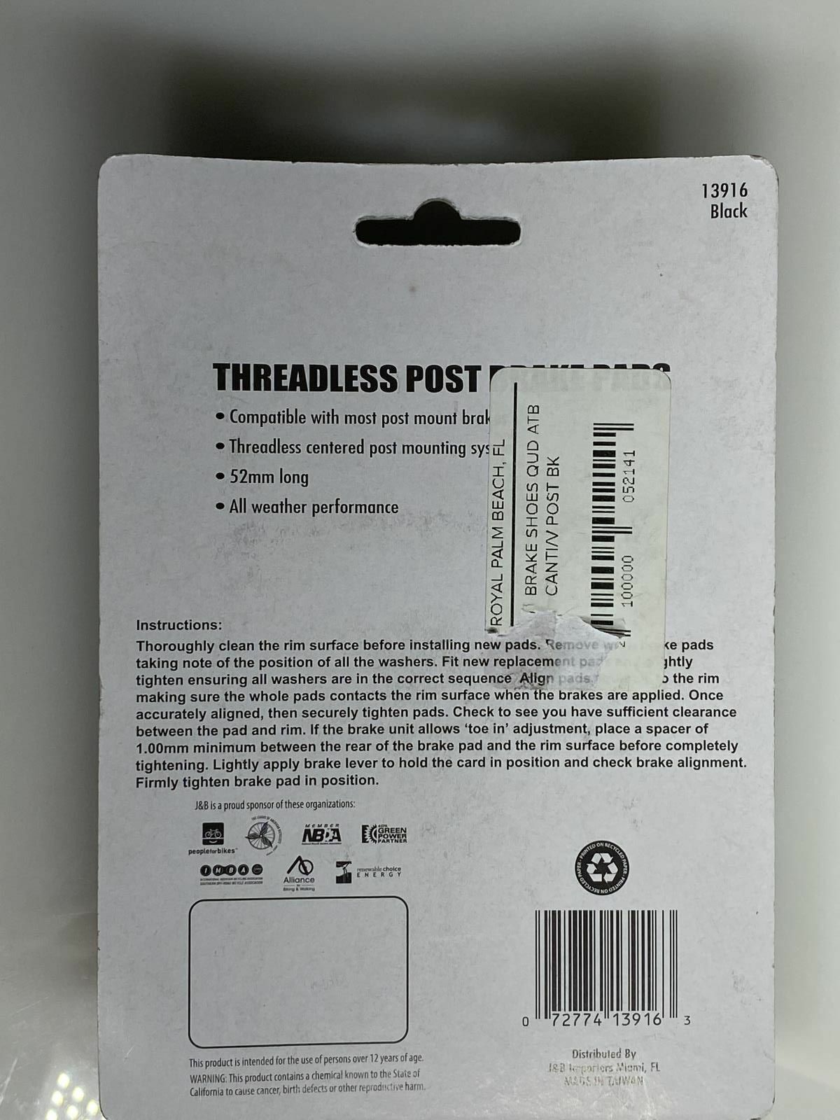 1 Pair Sunlite Threadless 52mm Post Brake Bike Bicycle Pads New - Fresh Stock Dated February 2026