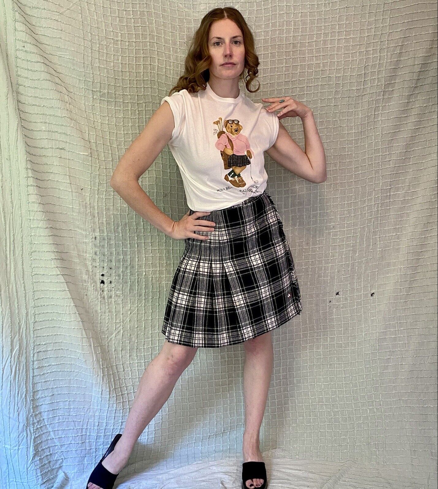 Vintage 80s Navy Blue & Green Tartan Wool Plaid Pleated Mini Skirt Scotees sz M - Fresh Stock Dated March 2026