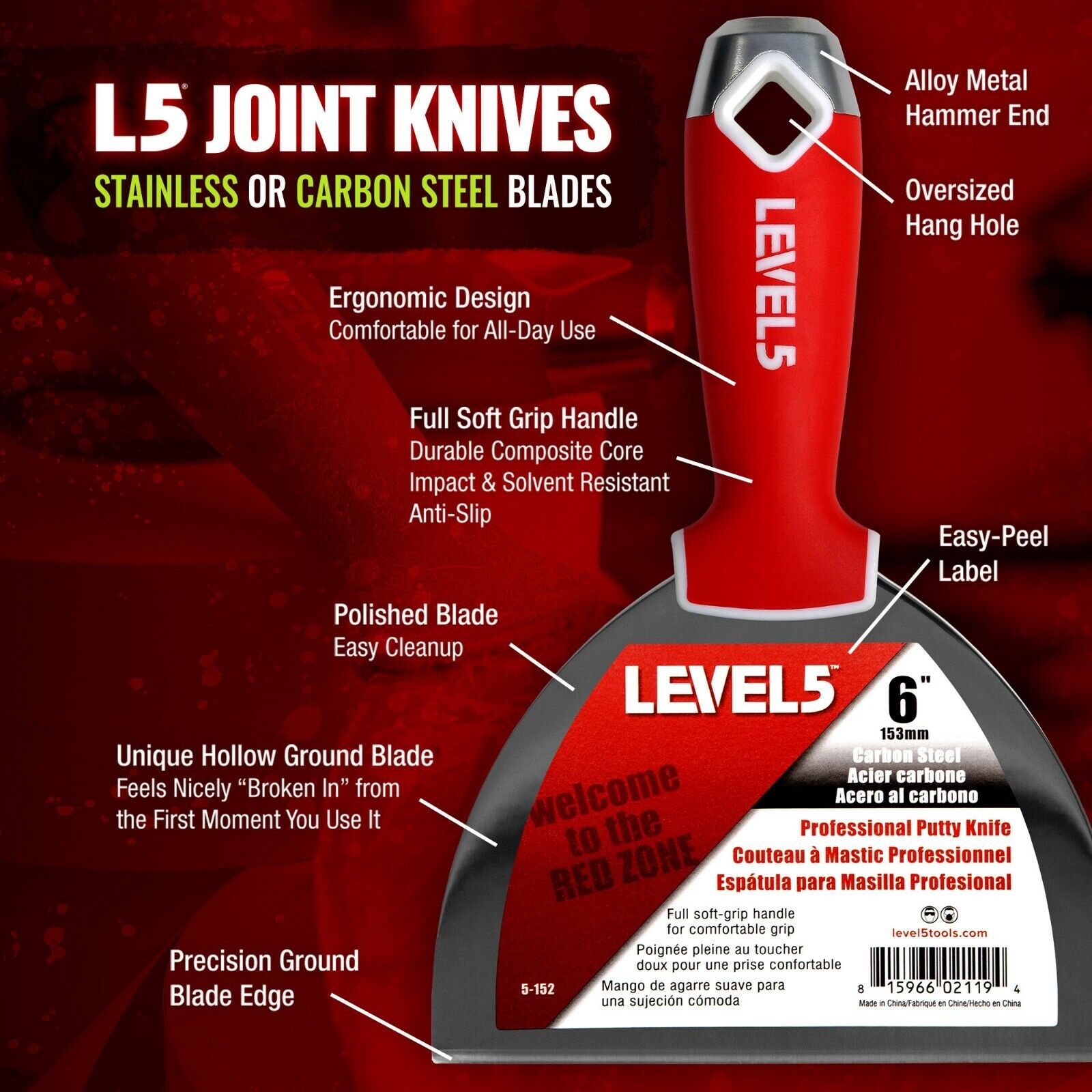 LEVEL5 #5-154 Drywall Putty Knife Carbon Steel 8