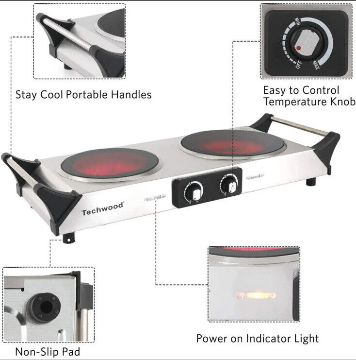 Techwood ES-3203 Electric Portable Double Hot Plate Countertop Burner Stainless - Fresh Stock Dated February 2026