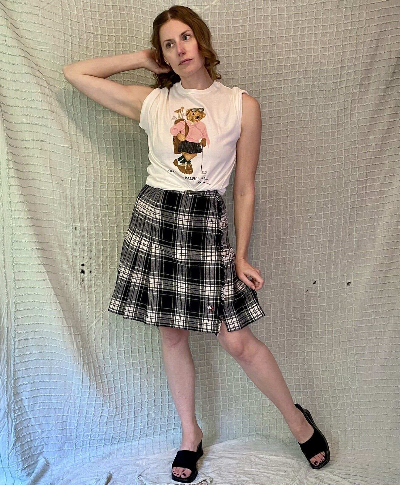 Vintage 80s Navy Blue & Green Tartan Wool Plaid Pleated Mini Skirt Scotees sz M - Fresh Stock Dated March 2026