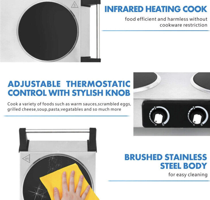 Techwood ES-3203 Electric Portable Double Hot Plate Countertop Burner Stainless - Fresh Stock Dated February 2026