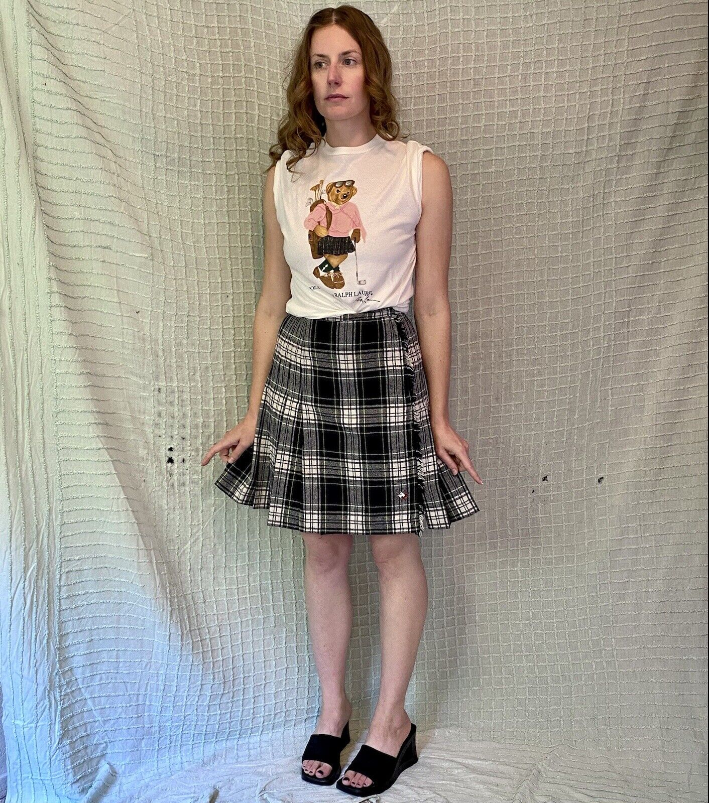 Vintage 80s Navy Blue & Green Tartan Wool Plaid Pleated Mini Skirt Scotees sz M - Fresh Stock Dated March 2026