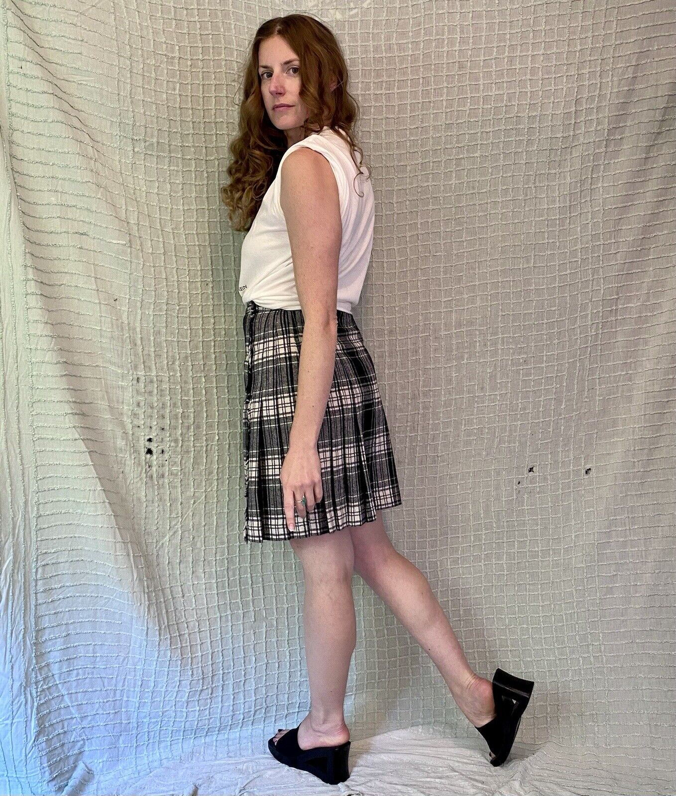 Vintage 80s Navy Blue & Green Tartan Wool Plaid Pleated Mini Skirt Scotees sz M - Fresh Stock Dated March 2026