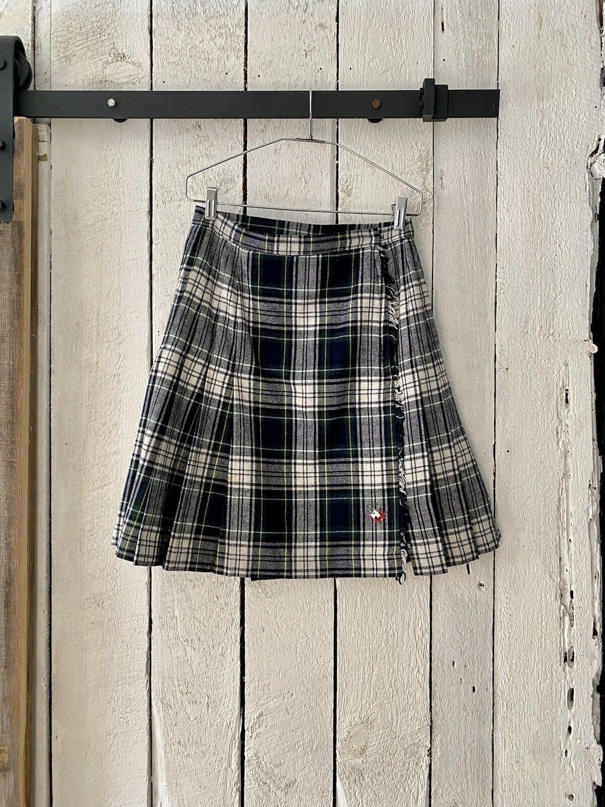 Vintage 80s Navy Blue & Green Tartan Wool Plaid Pleated Mini Skirt Scotees sz M - Fresh Stock Dated March 2026