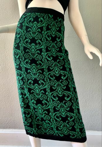 Vintage 80s Retro High Waist Green Baroque Pencil Sweater Midi Skirt XS/S - Fresh Stock Dated March 2026