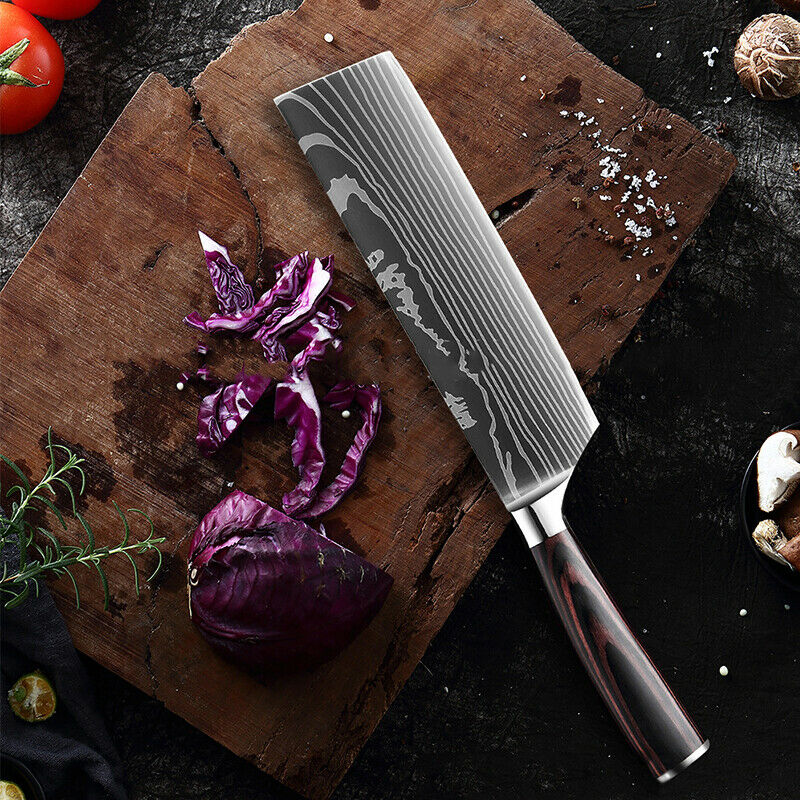 Kitchen Chef Knife Set 8 Pcs Stainless Steel Damascus Pattern Sharp Cleaver Gift - Fresh Stock Dated December 2025