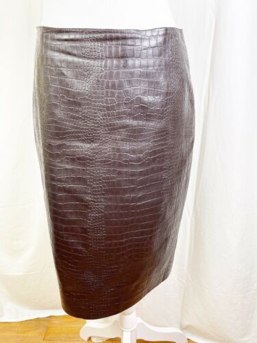 Vintage Deadstock Henri Bendel Leather Reptile Embossed Brown Pencil Skirt Small - Fresh Stock Dated February 2026