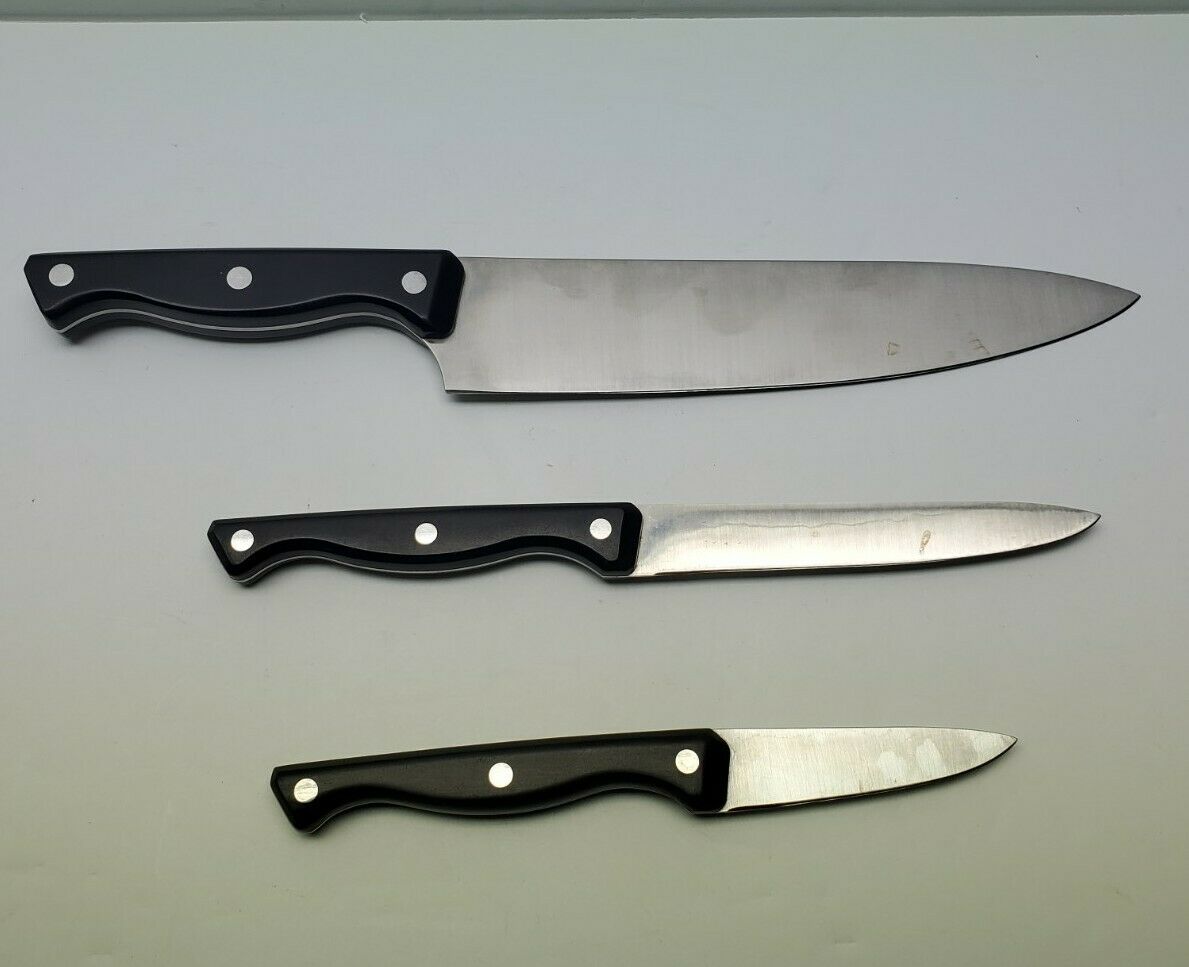 Set Of 3 Pampered Chef Knives With Self Sharpening Sheaths 8” 5” 3” Blades black - Fresh Stock Dated December 2025