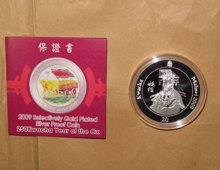 2009 Malawi  Kwacha Year of OX Gilded Golden Color proof Silver coin with COA - Fresh Stock Dated February 2026