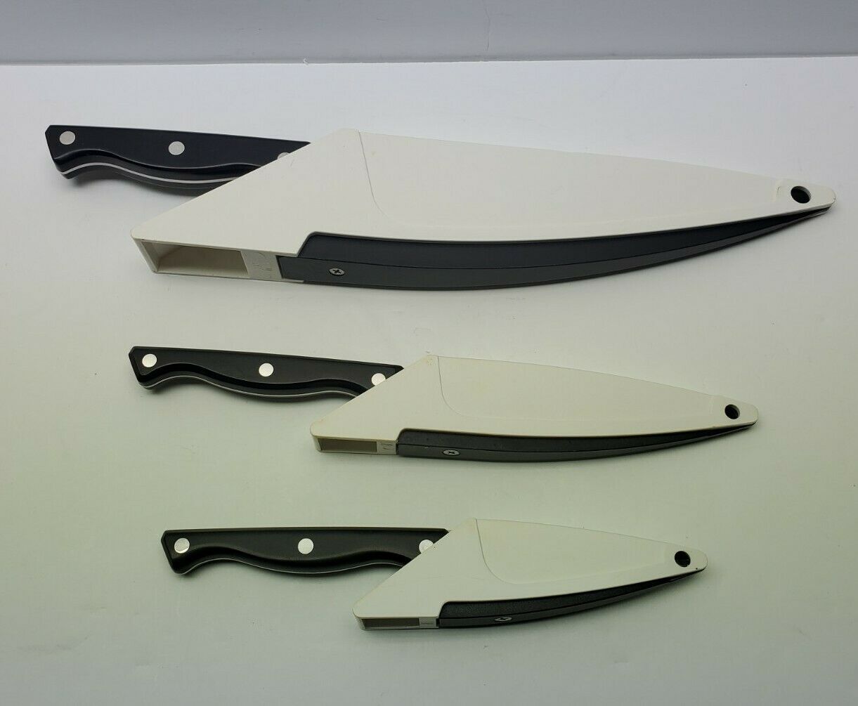 Set Of 3 Pampered Chef Knives With Self Sharpening Sheaths 8” 5” 3” Blades black - Fresh Stock Dated December 2025