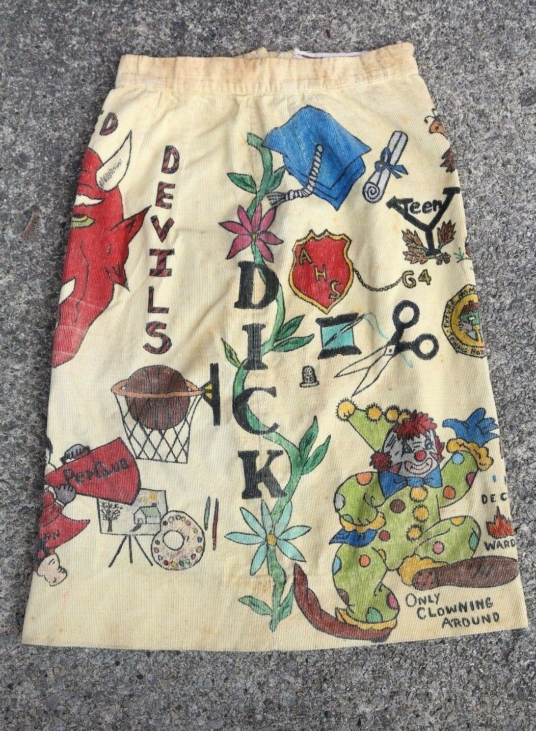 Vintage 60s Senior Cords skirt RARE Folk Art Devil Head Corduroy Skirt School - Fresh Stock Dated February 2026