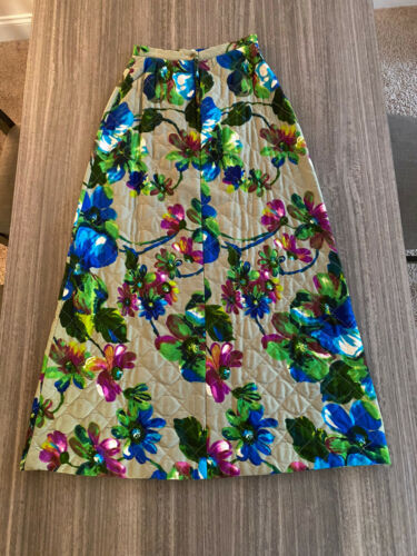 1970s MR. B of CALIFORNIA QUILTED BLUE/GREEN/BURGUNDY/GREYMOD FLORAL MAXI SKIRT - Fresh Stock Dated February 2026